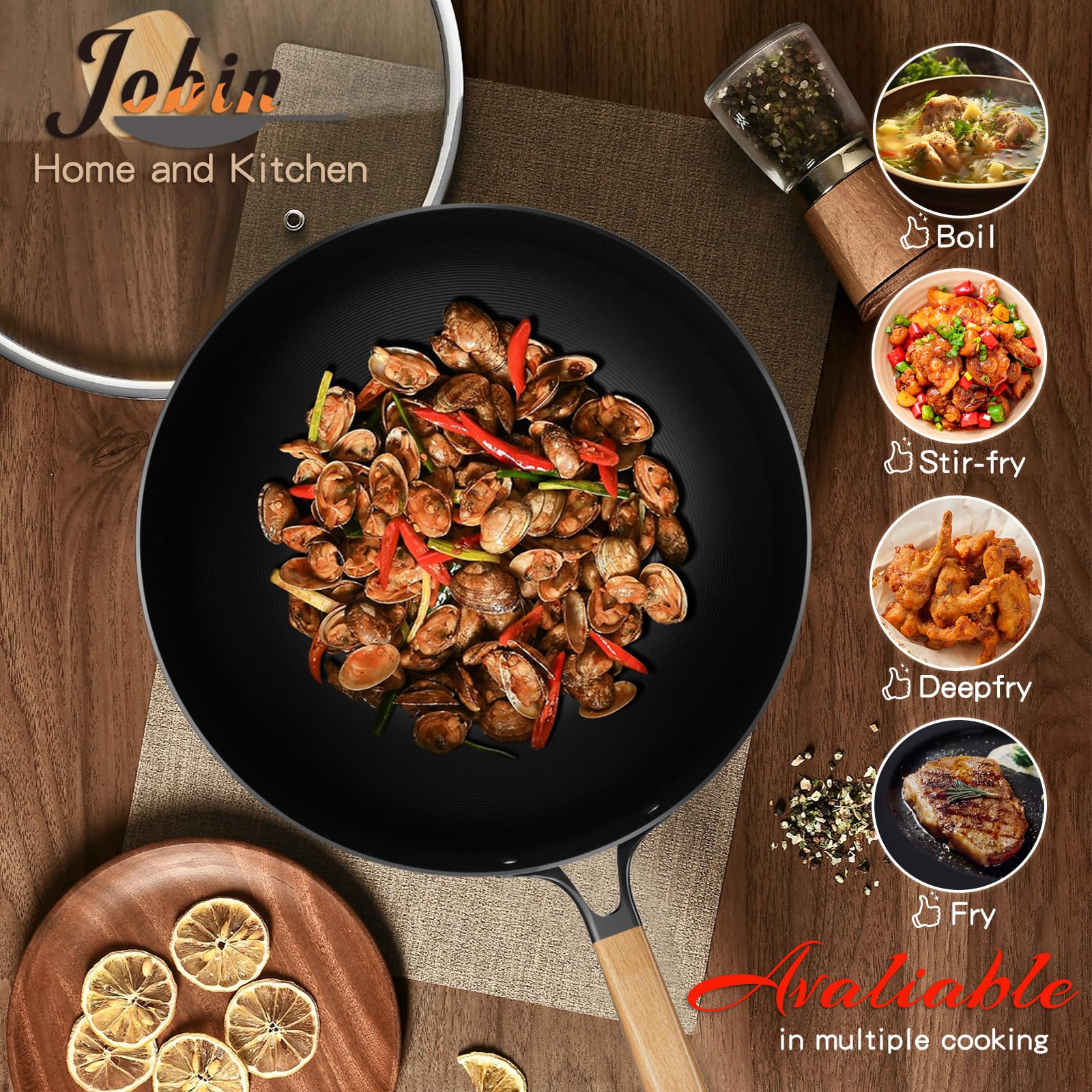 Jobin 30cm Wok Antiaderente con Coperchio, Wok Induzione Senza Rivestimento Chimico e Grande Capacità per Porzioni di cibo per 3-5 Persone, Ideale Padella per Fornelli a Induzione, Elettrici e a Gas