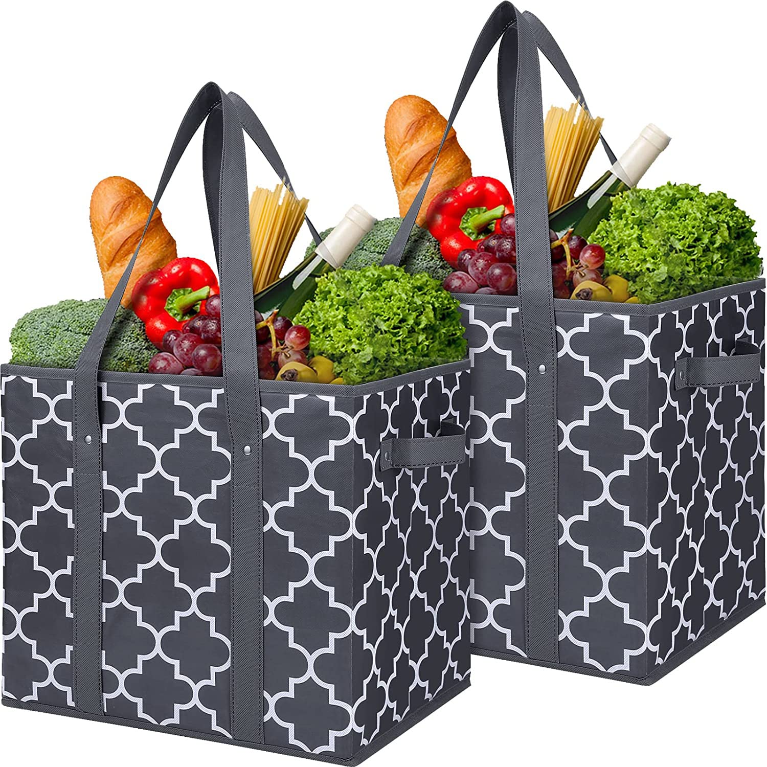 WISELIFE Reusable Grocery Bags 2-Pack Foldable Washable Large Storage Bins Basket Water Resistant Shopping Tote Bag Dark Grey