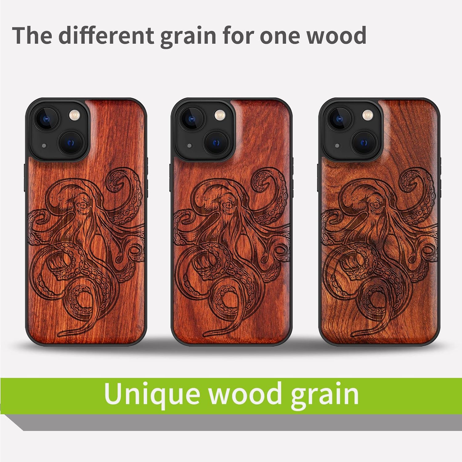 Carveit Magnetic Wood Case for iPhone 13 Mini Case [Natural Wood & Black Soft TPU] Unique & Classy Wooden Shockproof Protective Cover Compatible with MagSafe (Octopus Drawing -Rosy)