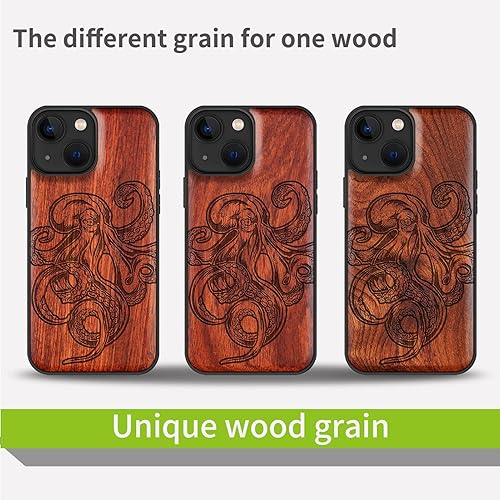Miniatura 7 de Carveit Funda magnética de madera para iPhone 13 Mini madera natural y TPU suave negro a prueba de golpes, funda de madera única y elegante
