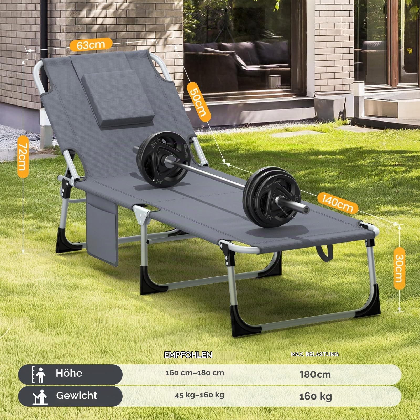 Sonnenliege Klappbar, Gartenliege mit Gesichtsöffnung, abnehmbaren Kissen & 3-Fach Verstellbarer Rückenlehne, Liegestuhl Strandliege für Garten, Balkon & Terrrasse, max.150 kg, Grau