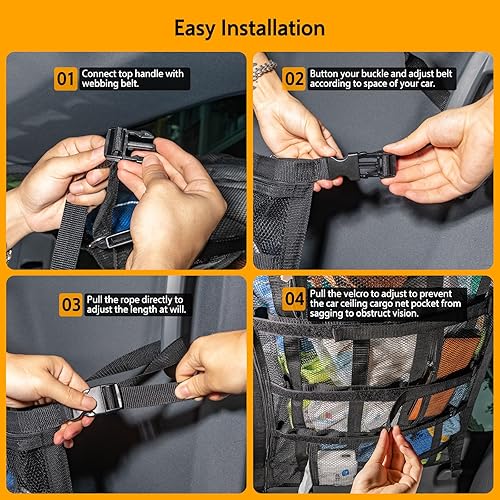 Miniatura 6 de Red de carga de techo para automóvil con 3 bolsillos, organizador de malla de almacenamiento para automóvil, 31.5 x 21.6 pulgadas, malla de techo de