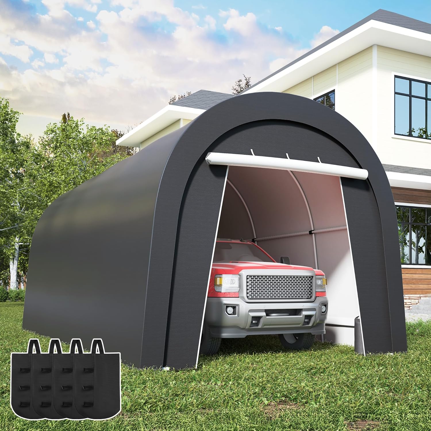 Heavy Duty Carport with 4 Cloth Bags, All-Weather Car Canopy with 2 Roll-up Doors, Portable Garage Storage Shelter Shed for Cars, Truck, or Garden Tools, 10' x 20'