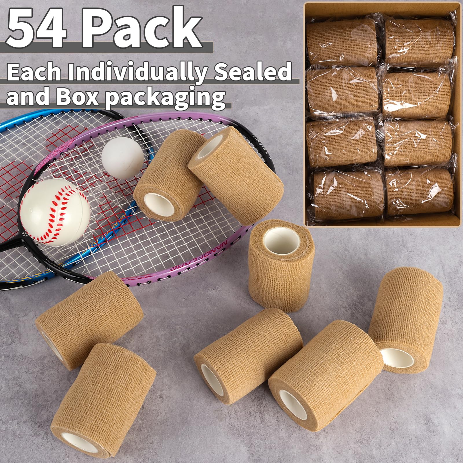 54 Pack Skin Self Adhesive Bandage Wrap Bulk 4 Inch x 5 Yards Cohesive Bandage,Vet Wrap Breathable Elastic Self-Adherent Tape for Stretch Athletic Sports Wrist Ankle Dogs Pet Vet Wrap