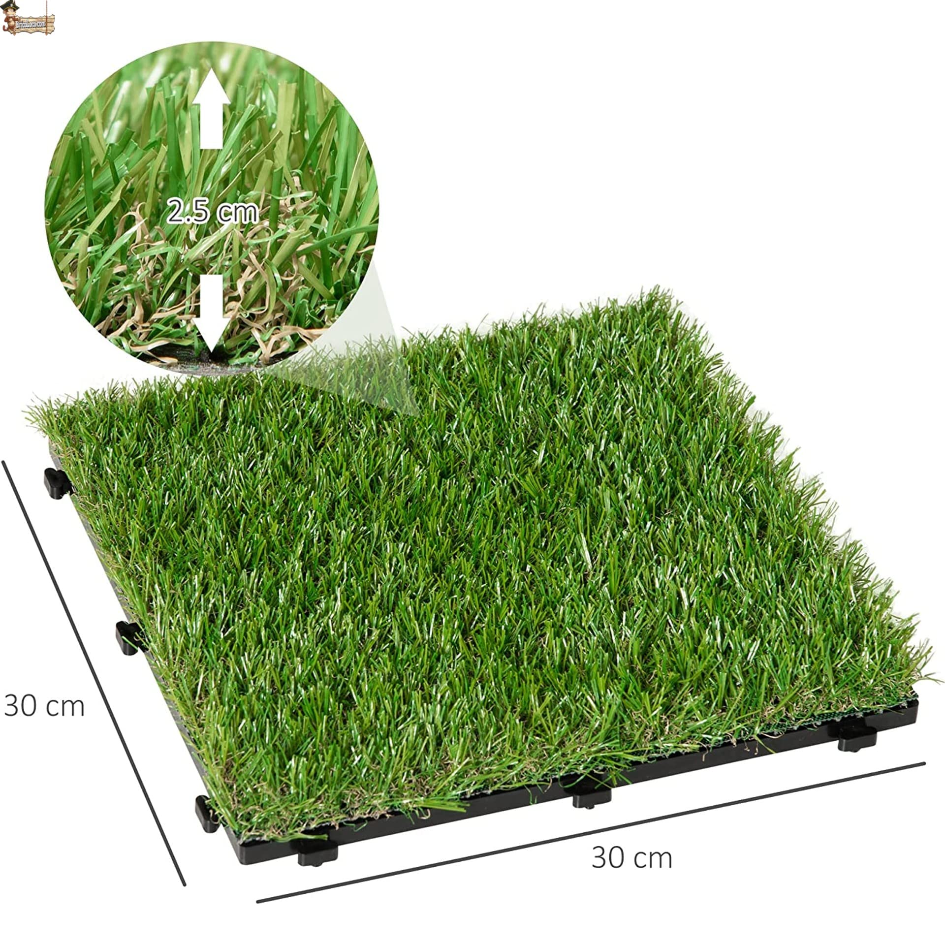 BricoLoco.com Lot de 6 dalles extérieures en plastique gazon artificiel. 30 x 30 cm. Embrassable. Pas de ruban adhésif double adhésif, colle, piquets ou clous. Jardin, terrasse, cour.