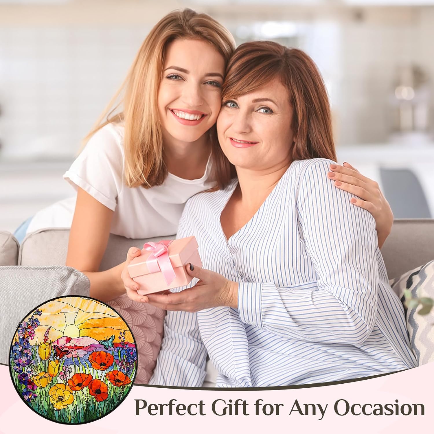 Stained Glass Window Hanging Sunrise Suncatcher, Renyalora 10 Inch Round Wildflower Glass Sun Catcher for Window Wall Art for Home, Patio, Porch, Outdoor Garden Décor Gift for Nature Lovers & Women - Image 6