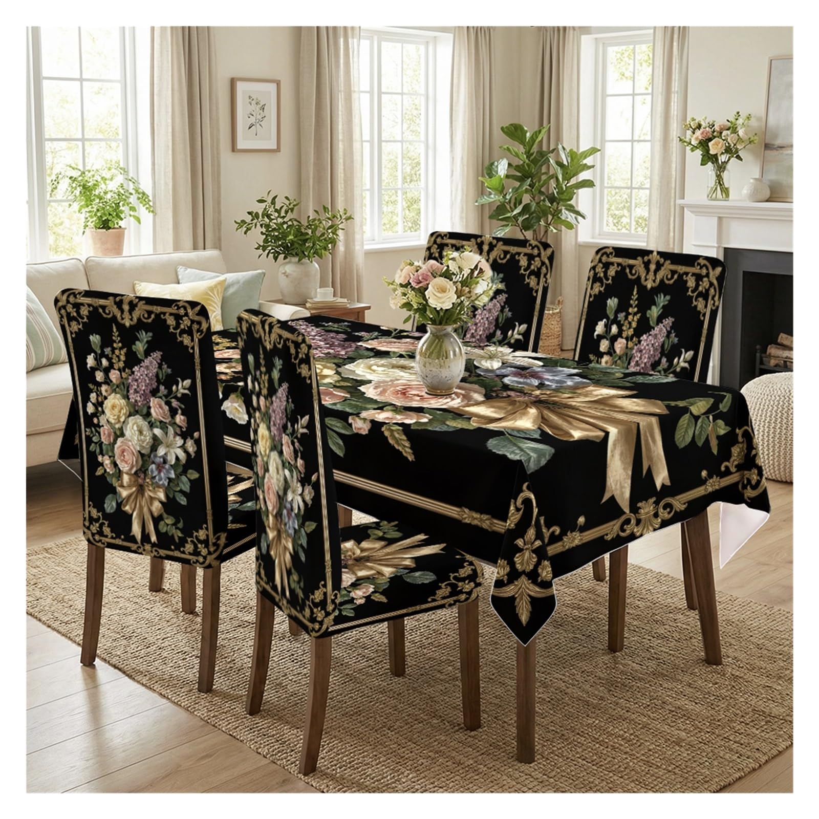 KXUAUV Black Vintage Floral And Gold Ornate Tablecloth And Stretch Chair Covers Set For Luxurious Dining Room Decor 5/7 Pieces Party Decor(5pcs Set: Tablecloth+Chair Covers)