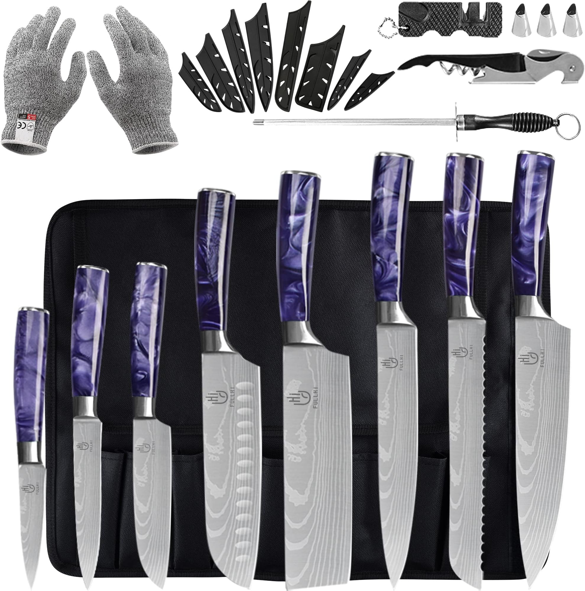 FULLHI Knife Set, 14pcs Japanese Knives Set, Multiple Colour Premium German Stainless Steel Chef Knife Set