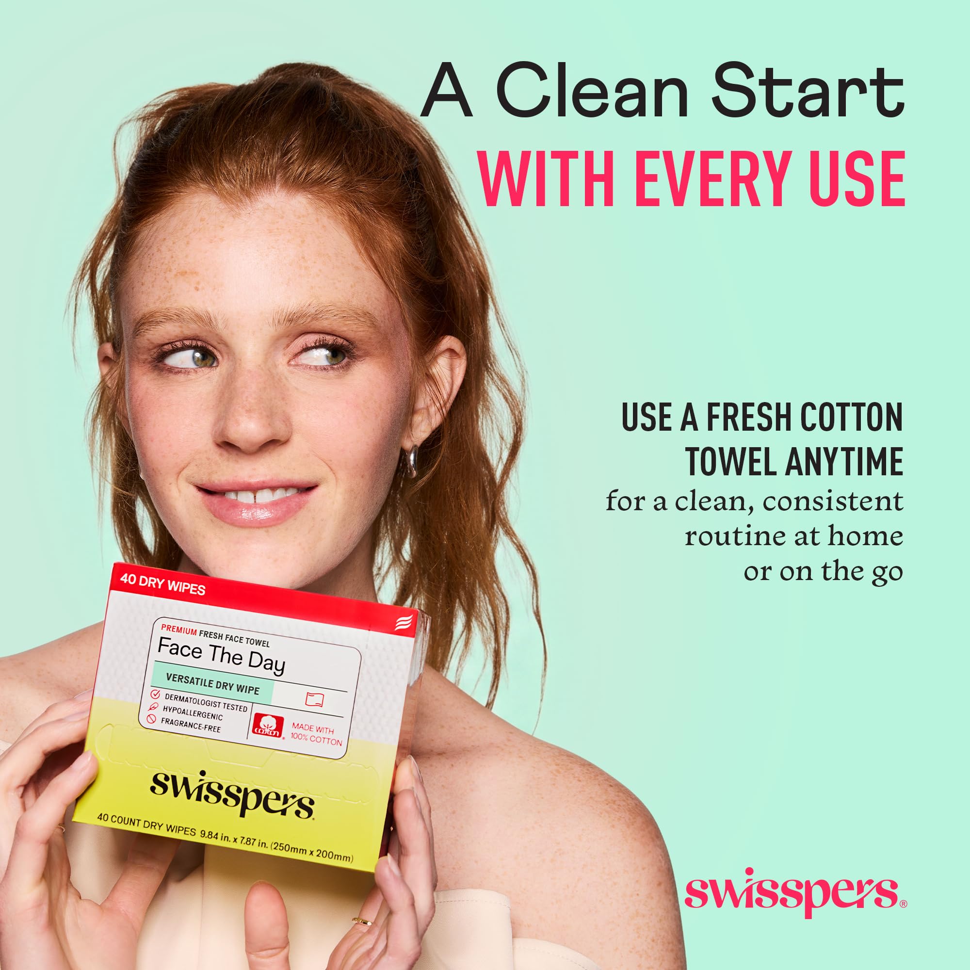 Swisspers Salviette per il viso asciutte in 100% cotone di alta qualità, ipoallergeniche, biodegradabili, con goffratura a pois, salviette struccanti vegane per donne e uomini, 40 pezzi (confezione da