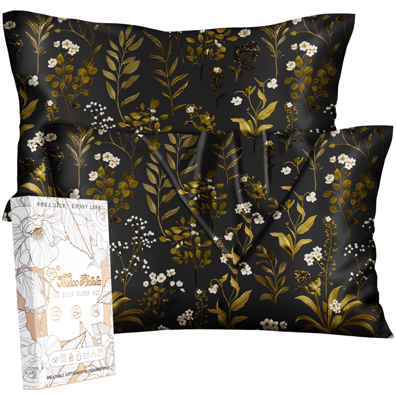 Silk Pillow Cases 2 Pack - Queen Size 20 x 30 Inch Mulberry Silky Pillowcase for Hair and Skin Soft Cute Aesthetic Bed Sleeping Pillow Cover with Zipper for Women, Leaf Flower