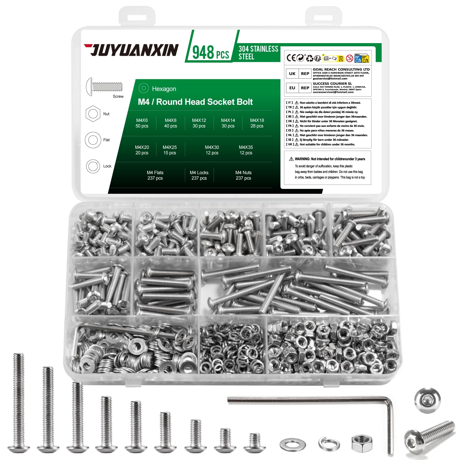 948 Pcs M4 Screws Set, M4 Bolts and Nuts Set, Assorted Nuts and Bolts Set, Hex Socket Head Cap Screws Bolts and Nuts Set with Washers Set, Pan Head Round Head Machine Screws Assortment Kit