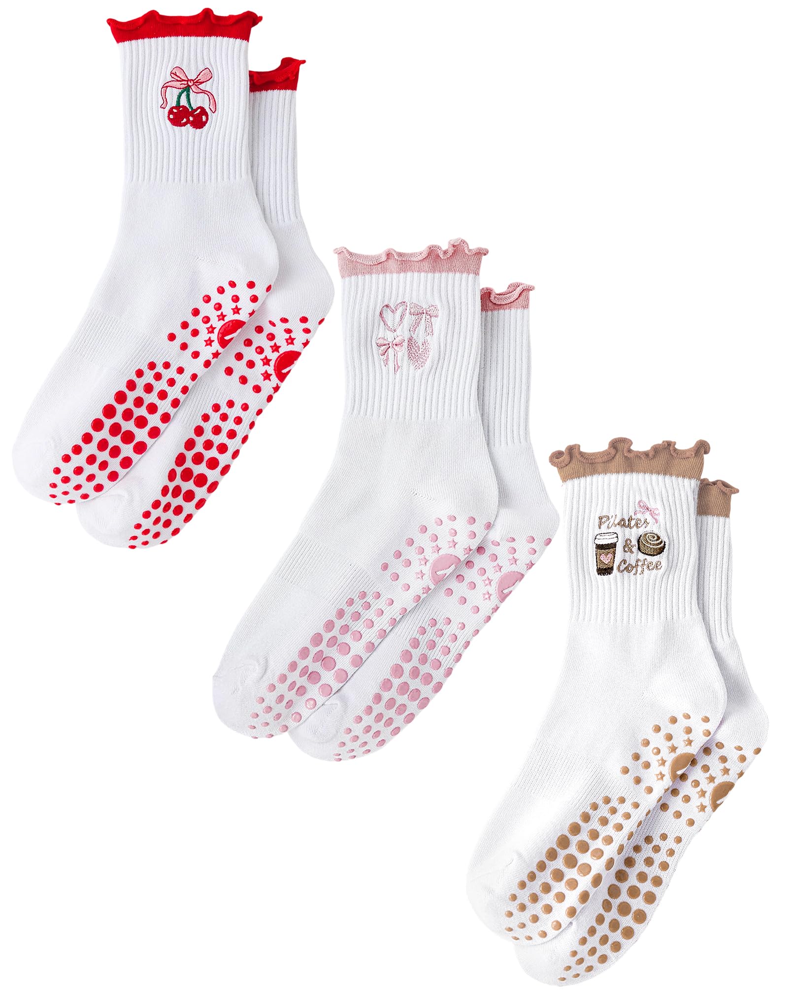 Yawlsow Cute Pilates Grip Socks for Women Ruffle Frilly Yoga Socks Non Slip Cotton Crew Grippy Sock for