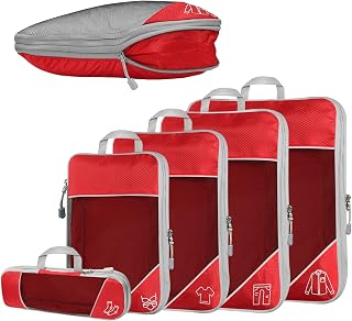 5-teilig Kompressions Packwürfel Set für Reisen, Compression Packing Cube zur Organisation Ihres Reisegepäcks, Ultraleichte, Aufbewahrungstasche, Koffer-Organizer, für Rucksack & Koffer (Rot)