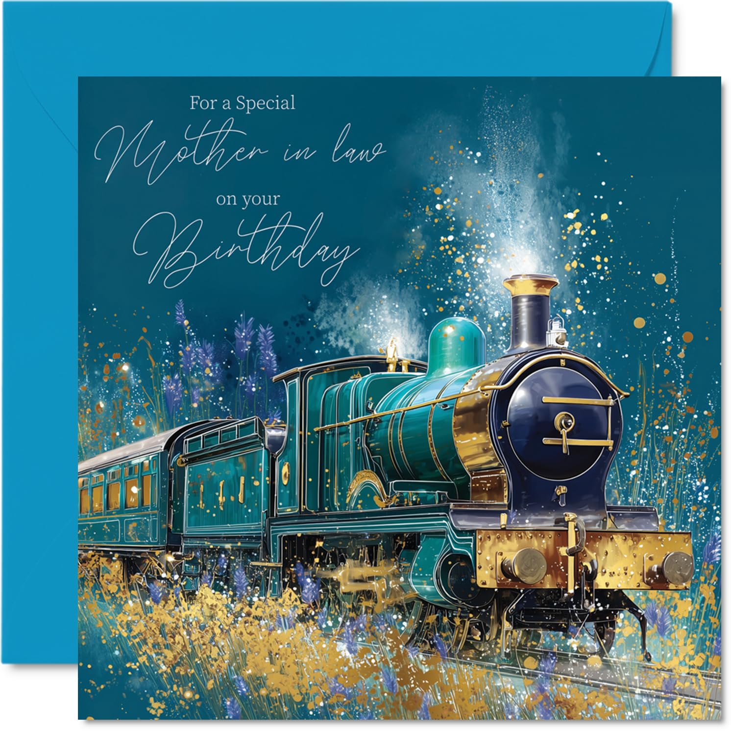 Gold Mother in Law Birthday Card - Gold Train - Happy Birthday Card for Mother in Law from Son Daughter, 145mm Golden Train Bday Greeting Cards