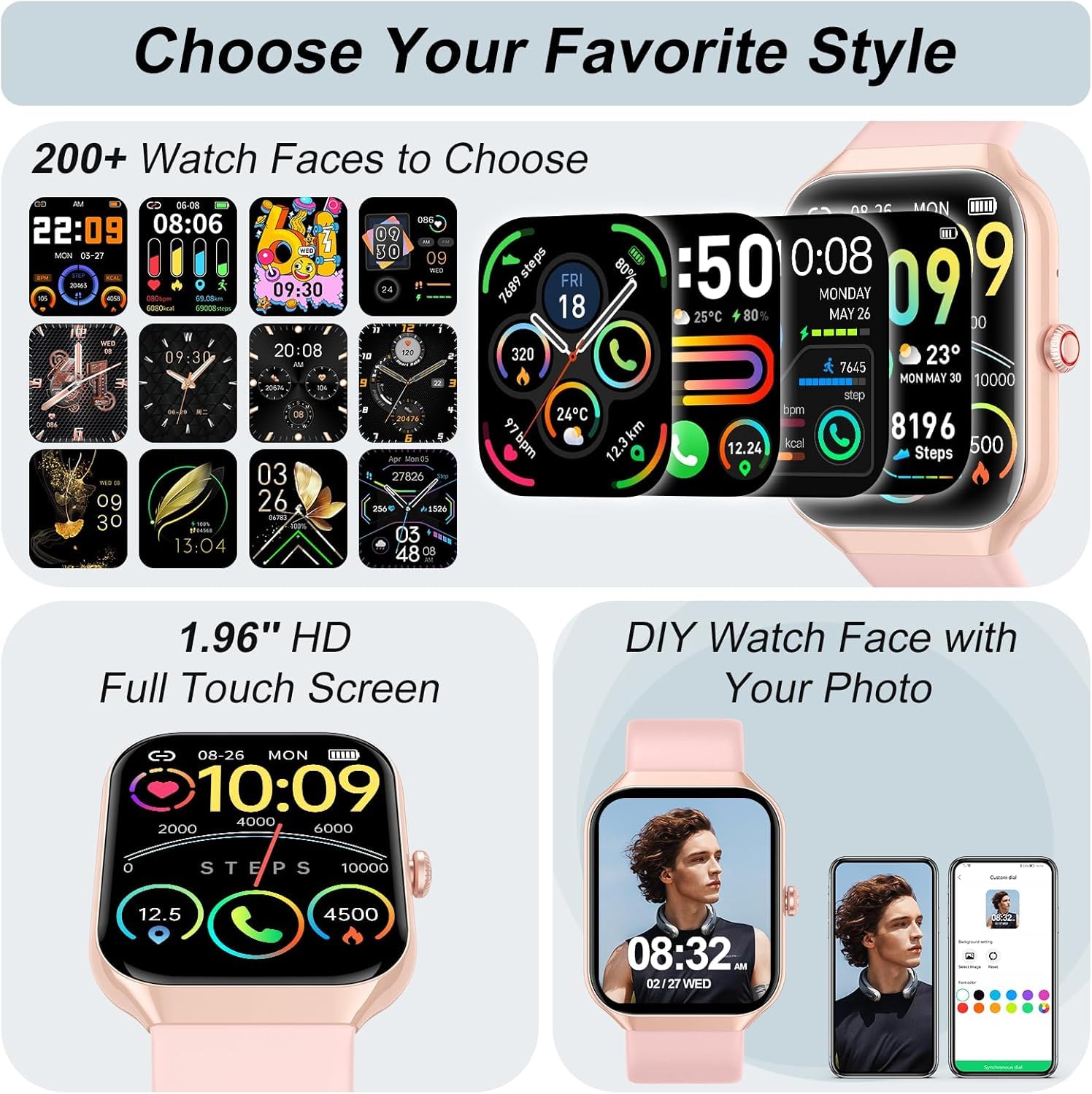 Reloj Inteligente Mujer, 1,96" HD, 100+ esferas, Llamadas Bluetooth, IP68 | Smartwatch deportivo con 100+ modos, pulsómetro, monitor de sueño, 300mAh, SpO2, avisos WhatsApp, GloryFit, música y cámara