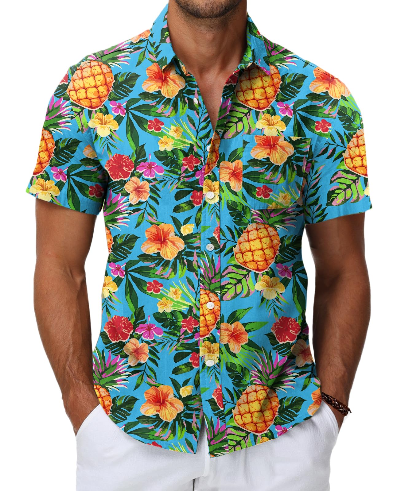 HMIYA Herren Hawaii Hemd Männer 100% Baumwolle Unisex Kurzarm Vordertasche Button Down Sommer Freizeit Urlaub Strand