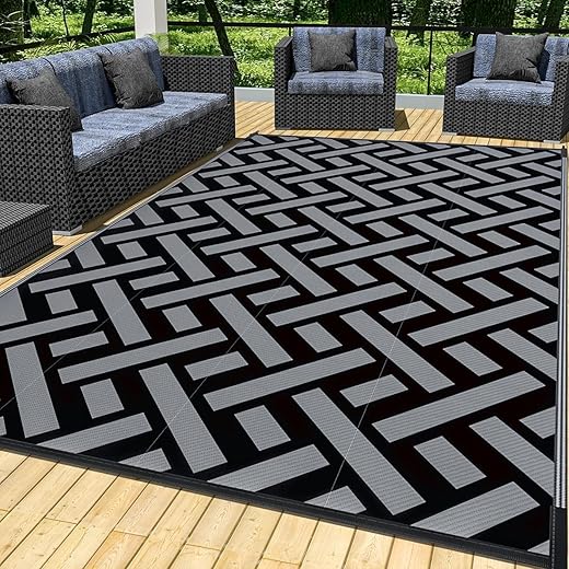 Plastic Outdoor Rug - Outdoor Carpet Waterproof - Outdoor Patio Rug - Stylish Rattan Design Outdoor Area Rug 4x6 - Plastic Straw Carpet for Camping, Porch, Deck, and Balcony