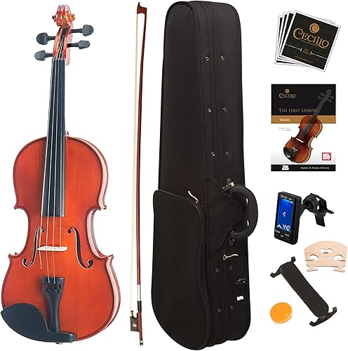 Miniatura 14 de Violín Mendini de madera sólida, libro de lecciones, cuerdas extra, sintonizador violín, arco y estuche