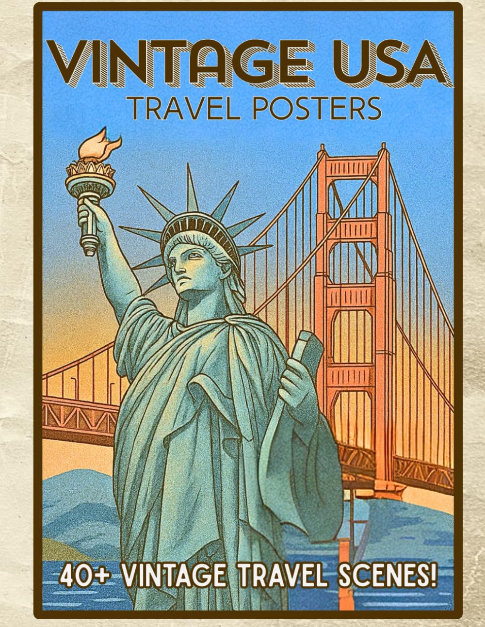 Vintage USA Travel Posters: Iconic American landmarks drawn as bold retro travel poster scenes in timeless white line art (Vintage Poster Collection)