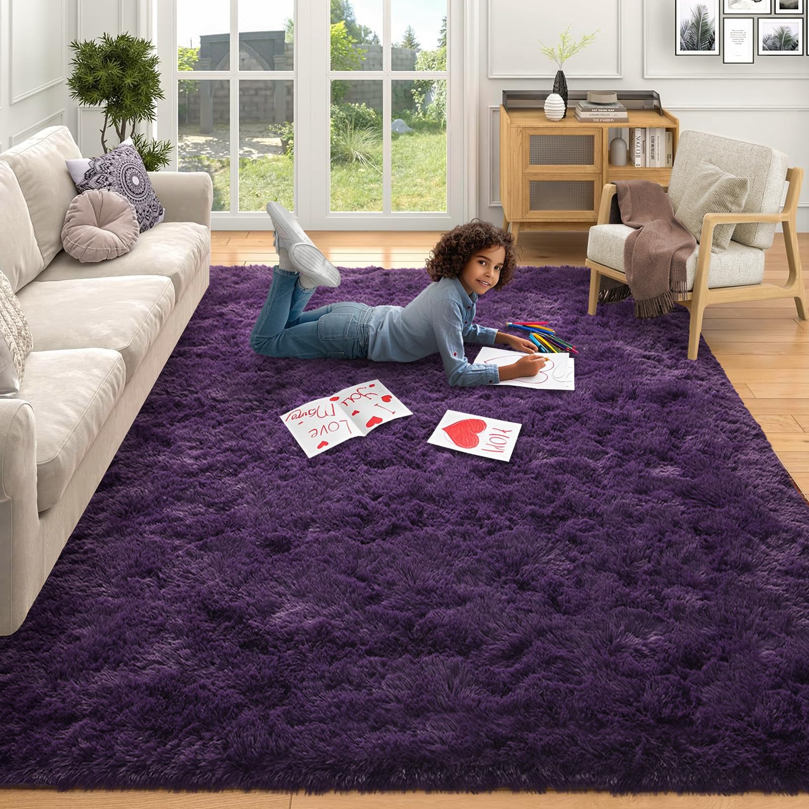 Soft Purple Rugs for Bedroom Living Room, 3x5 Feet Modern Indoor Fuzzy Shaggy Area Rug, Non-Slip Fluffy Furry Rug for Nursery Kids Room Dorm Room Home