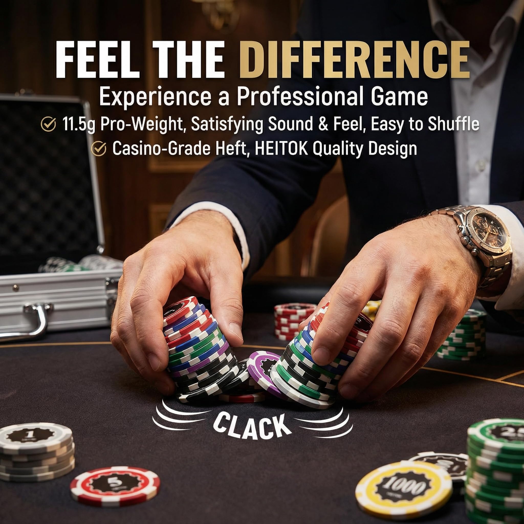HEITOK Zestaw do pokera 300 sztuk 11,5g z nominałami w walizce Texas Holdem