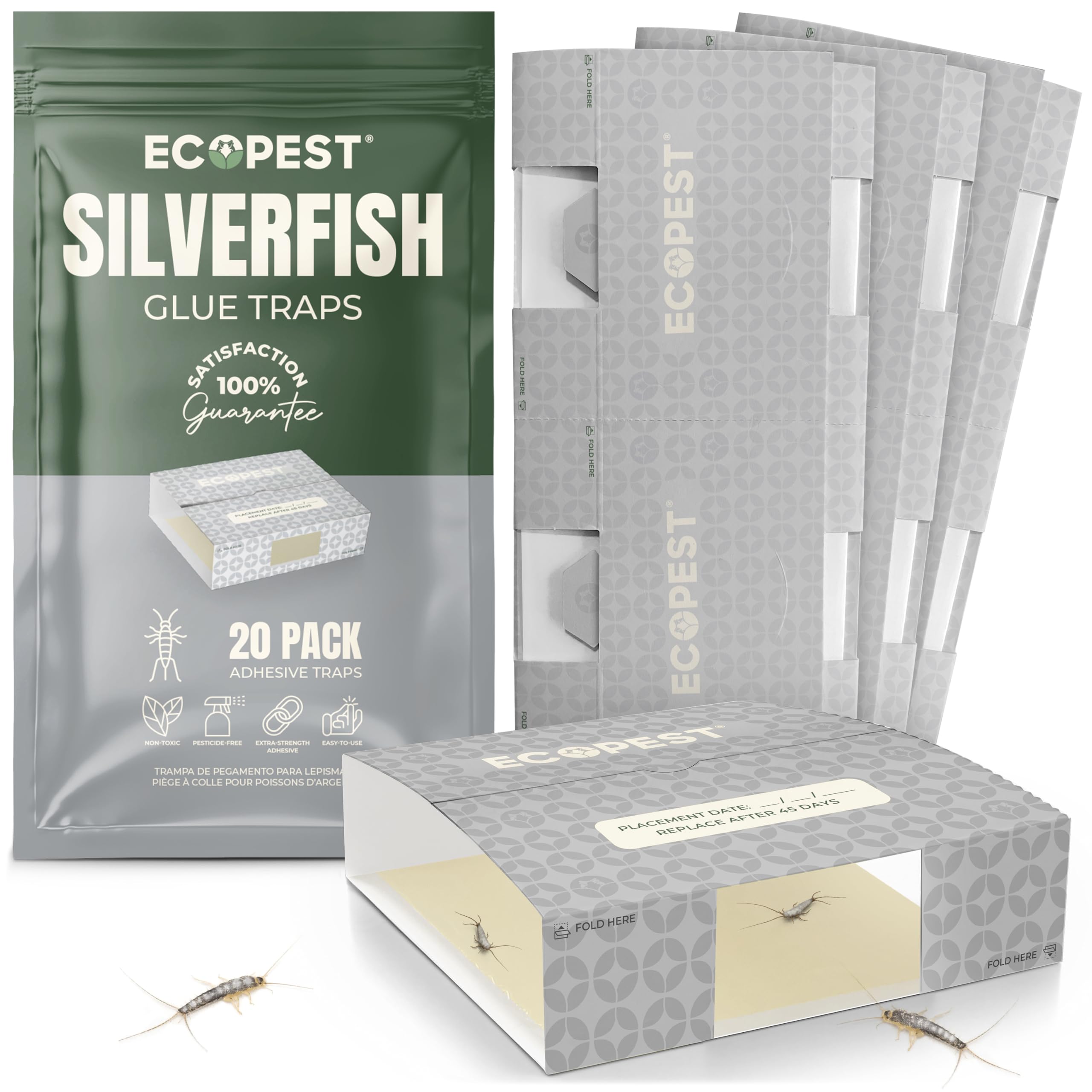 Silverfish Trap — 20 Pack | Sticky Indoor Glue Trap for Silverfish, Firebrat, and Other Bugs and Crawling Insects | Adhesive Silverfish Killer Paks, Monitor, and Detector with Natural Bait Attractant