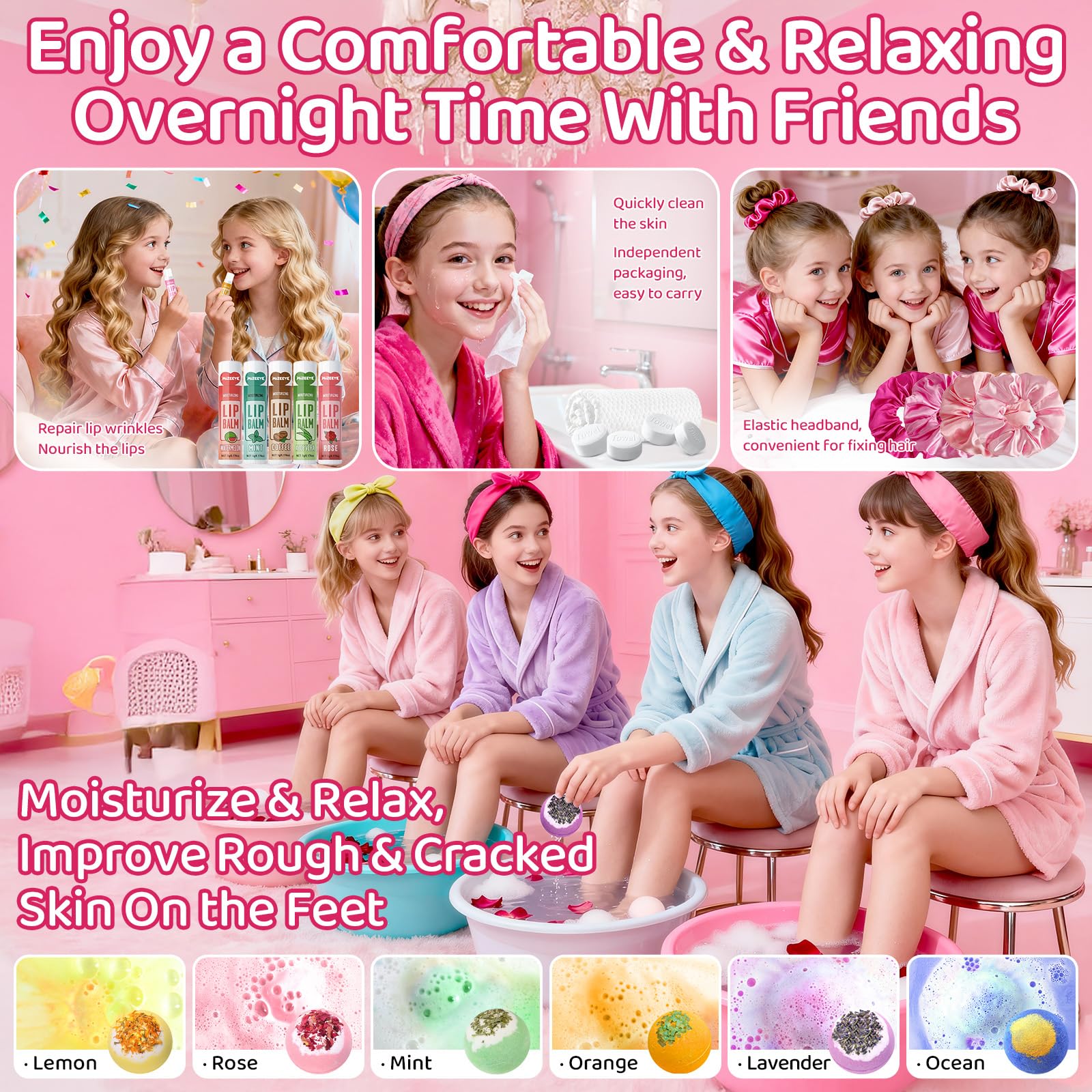 121 articoli per feste per pigiama party per ragazze, kit per pigiama party delicato per tutti i tipi di pelle, include maschera per viso, labbra e occhi, bombe per pediluvio, crema per le mani