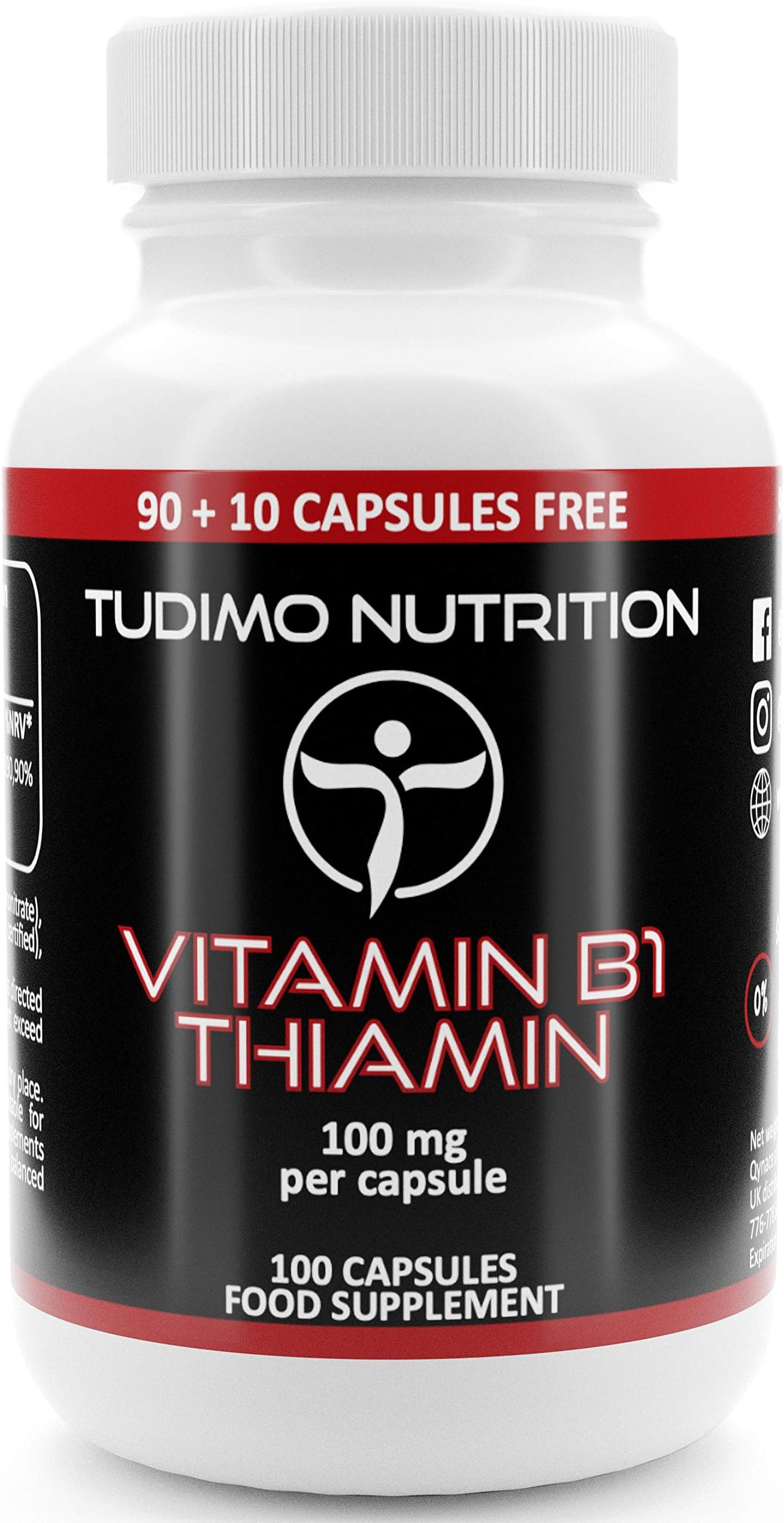 Thiamine Vitamin B1 100mg Capsules - 100 pcs (3+ Month Supply) of Rapidly Disintegrating Capsules, Each with 100 mg of Premium Quality Vit B1 Thiamin Mononitrate Powder