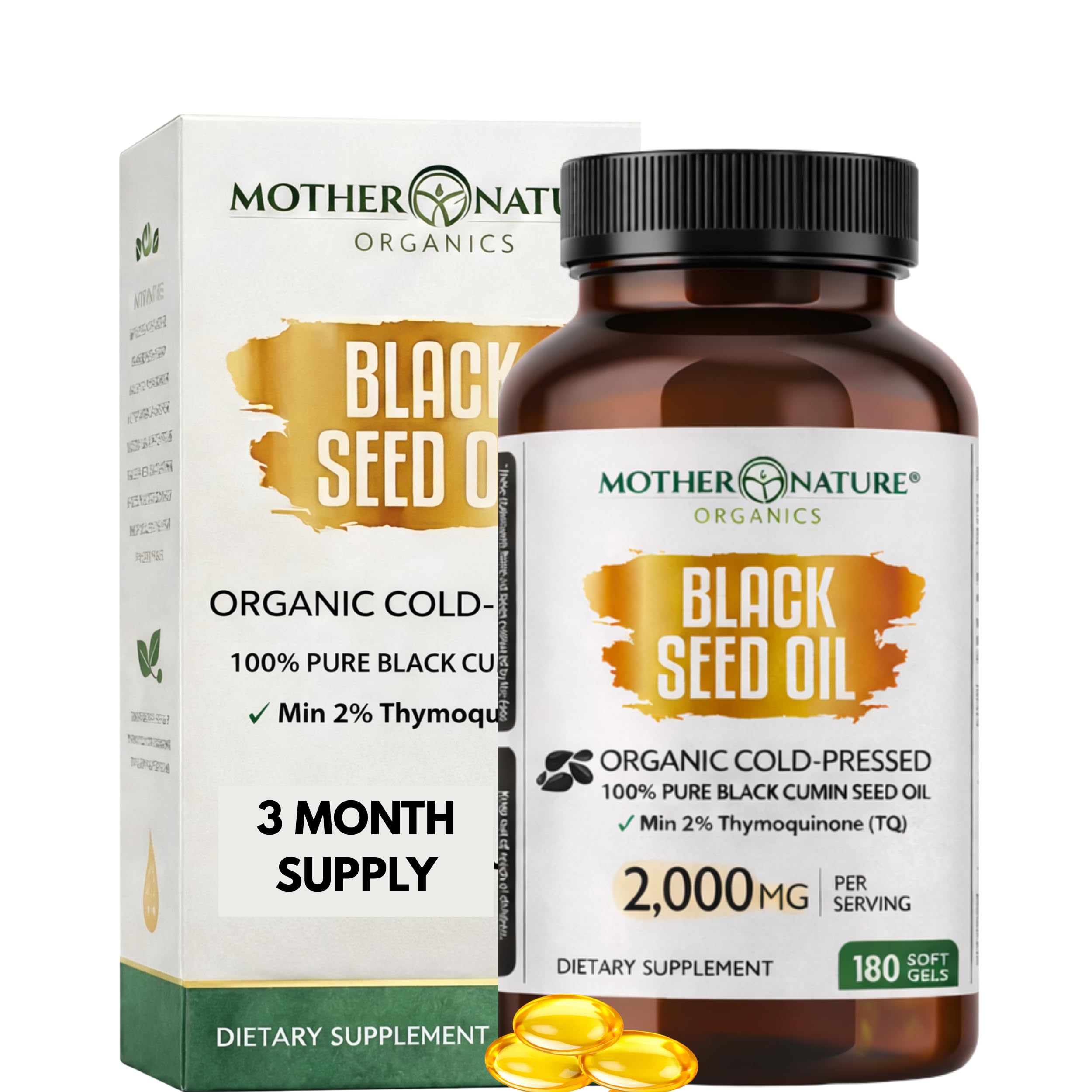 Mother Nature - Organic Black Seed Oil Capsules, 3 Month Supply, Cold Pressed, High TQ, 100% Turkish, Black Cumin Nigella Sativa Oil for Immune Support, Joint, Digestive Health,1000mg Capsule, 180ct