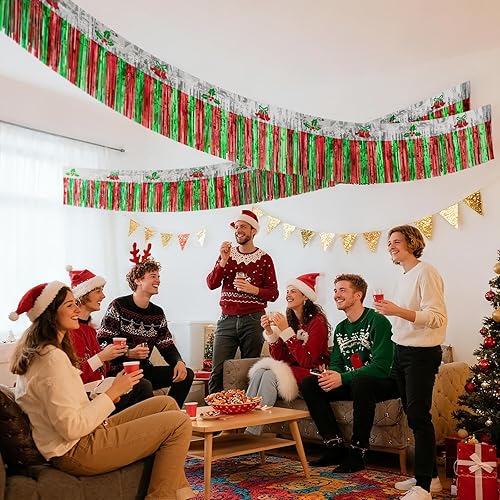 Miniatura 3 de Decoraciones de Navidad, 2 paquetes de serpentinas navideñas de 39.4 pies, guirnalda de flecos de papel de aluminio de oropel rojo y verde, pancarta