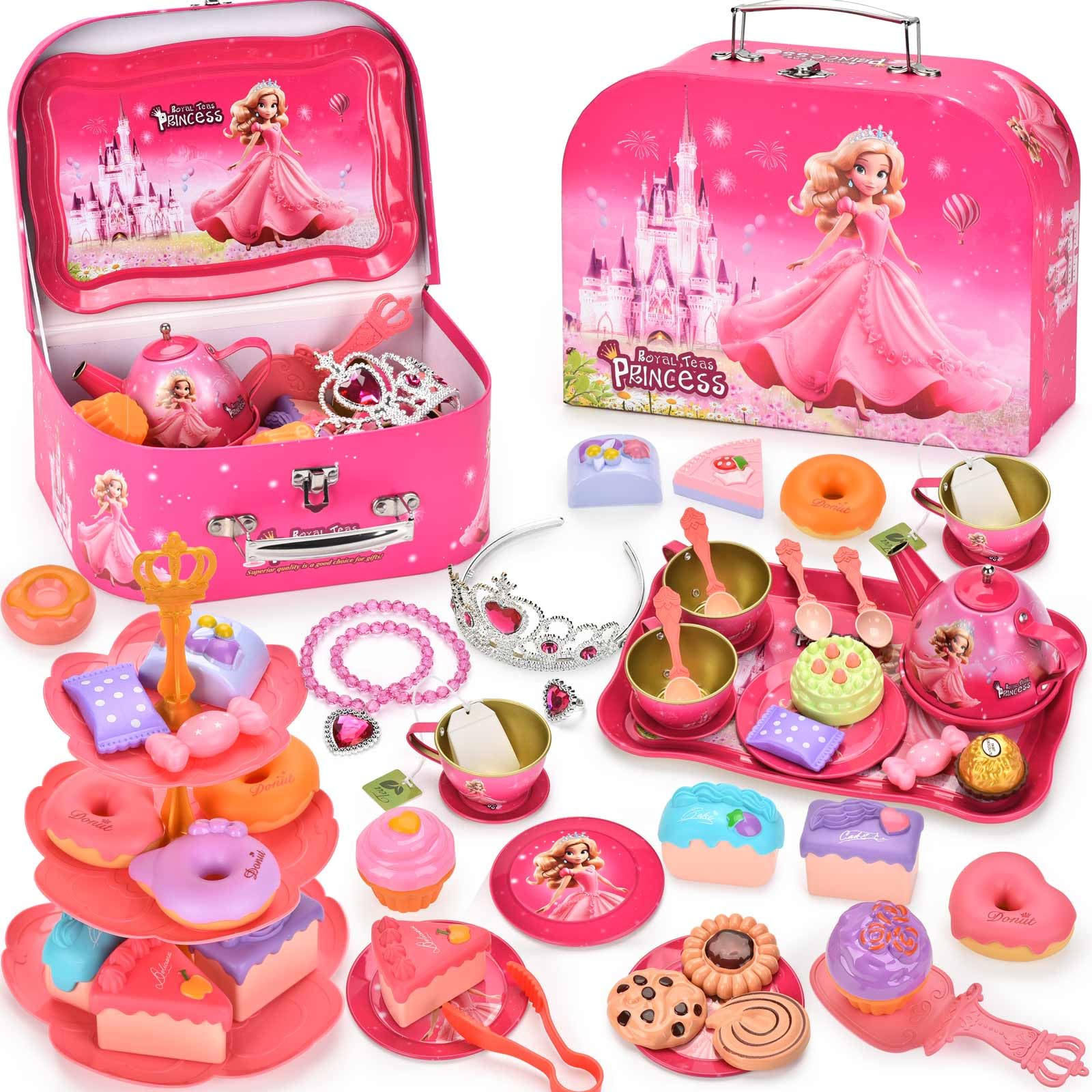 Lajeje Tea Party Set for Little Girls, Pretend Tin Teapot Set, Princess Tea Time Play Kitchen Toy with Cups, Plates and Accessories for Birthday Easter Gifts Kids Toddlers Age 3 4 5 6