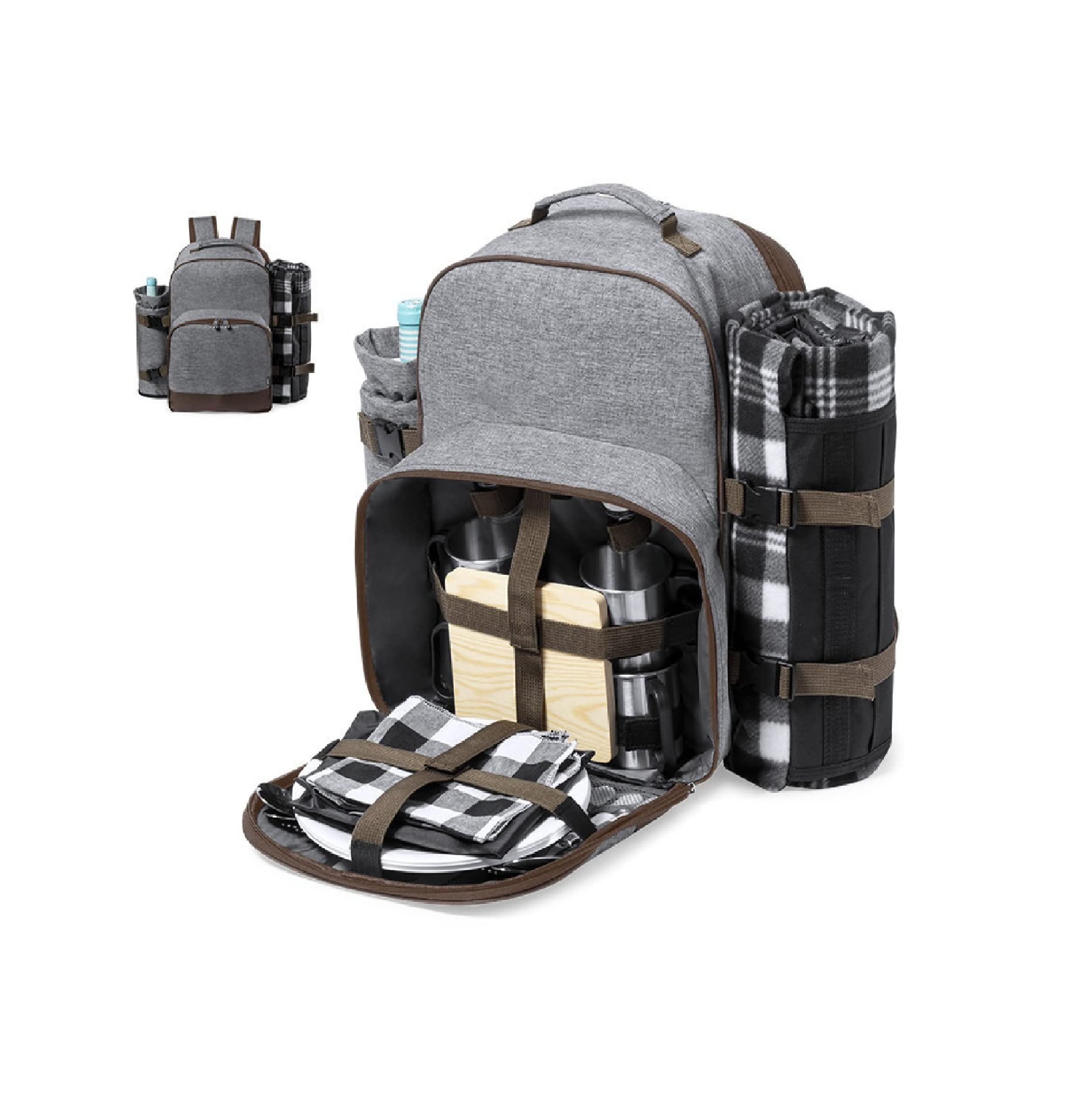 Mochila de picnic gris grande con accesorios completos para 4 personas fabricada en PET reciclado de notrash2003