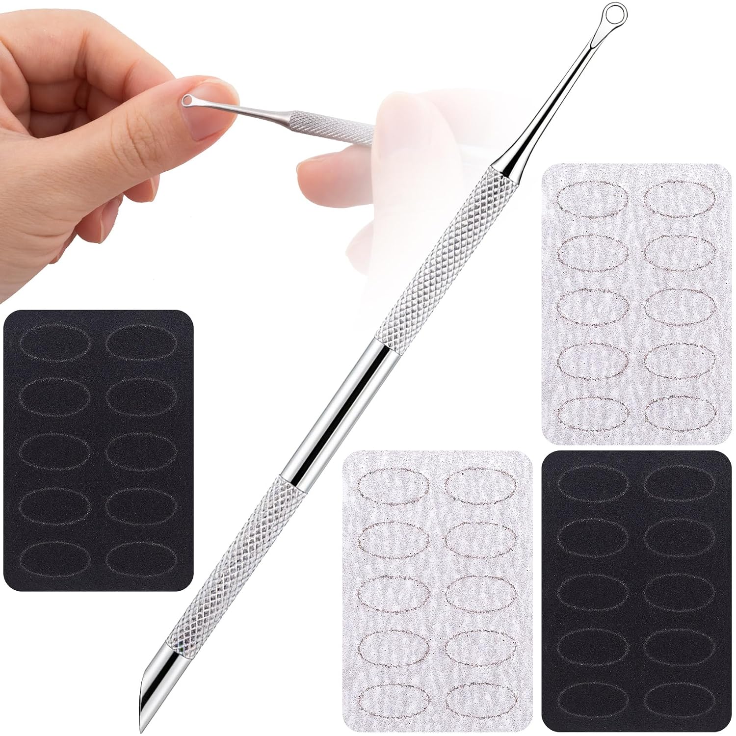 Nail Cuticle Pusher with 100#/240# Grit Nail Files, Stainless steel Nail Cuticle Pusher Remover Tools, Finger Toenails Scraper for Manicure & Pedicure-Silver