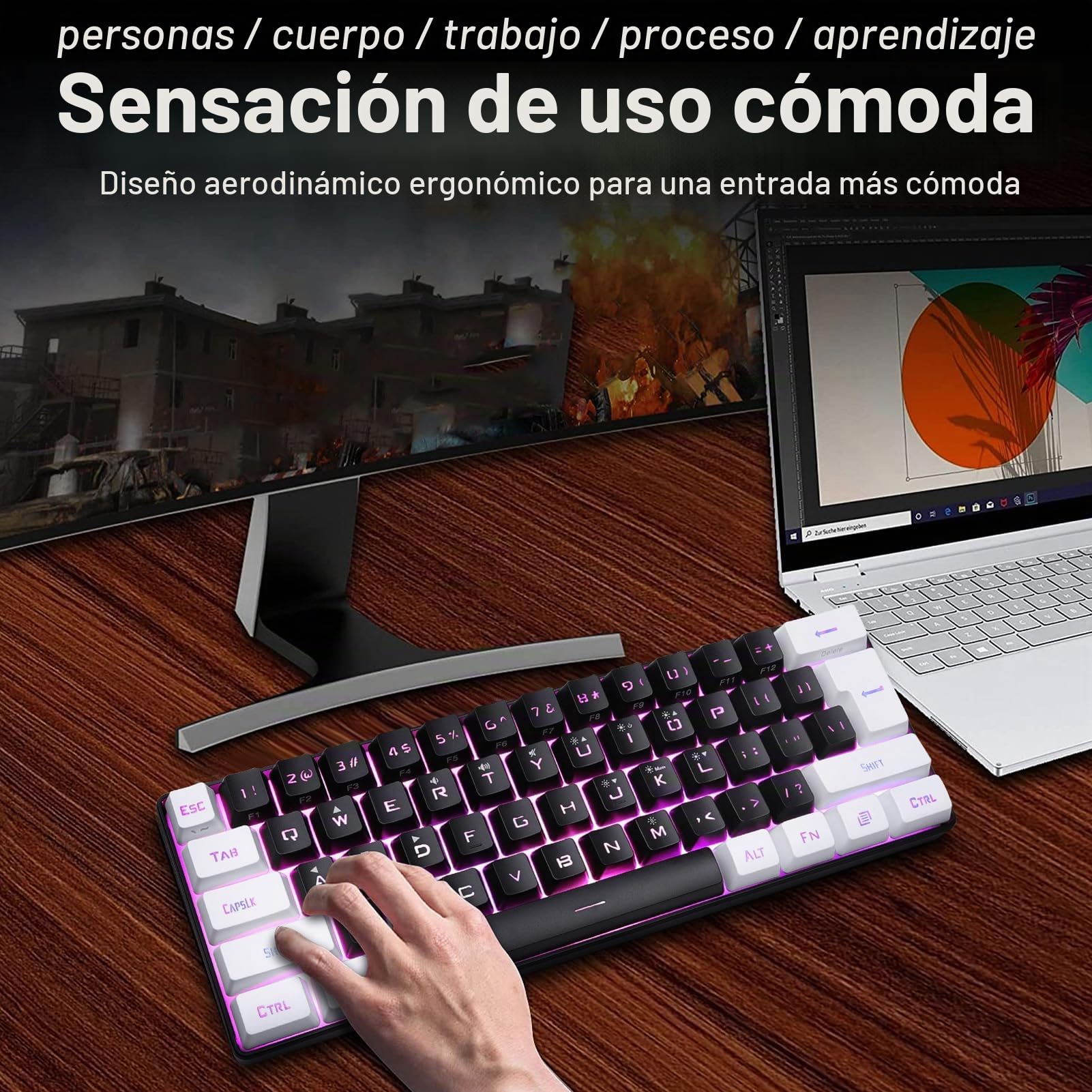 XUMIUZIY Teclado para Juegos con Cable 60%, Mini Teclado para Juegos con Sensación Mecánica, Teclado Ultracompacto de 61 Teclas con Retroiluminación RGB, Teclado Ergonómico para