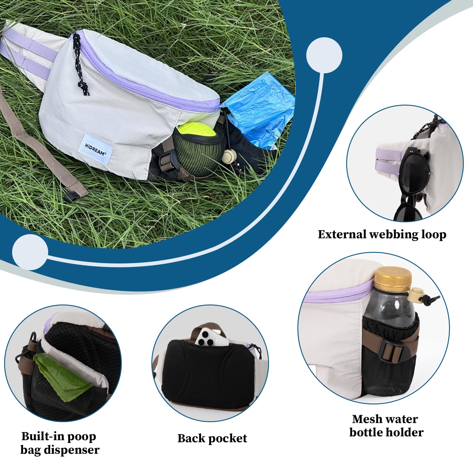 Pochette à friandises 2 en 1 pour chien et sac à bandoulière pour animal domestique, sac banane étanche pour dressage de chiot pour promener les chiens (gris)
