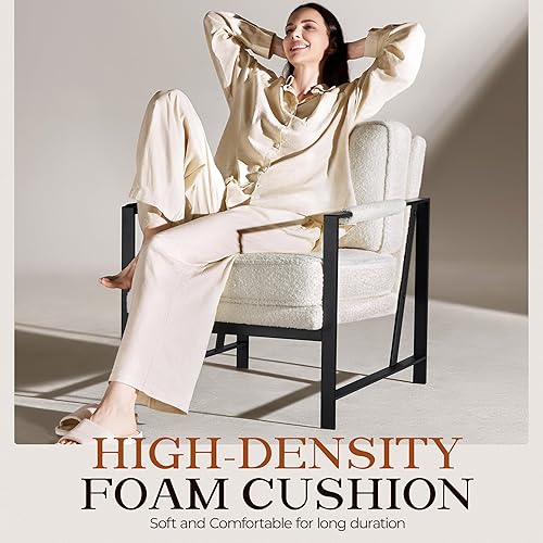 Miniatura 8 de Yaheetech Sillón de Tela Boucle Teddy, Silla de Acento de Ocio Retro con Acolchado Extra Suave y Cojín, Moderna Silla de Brazo de Lectura con Marco