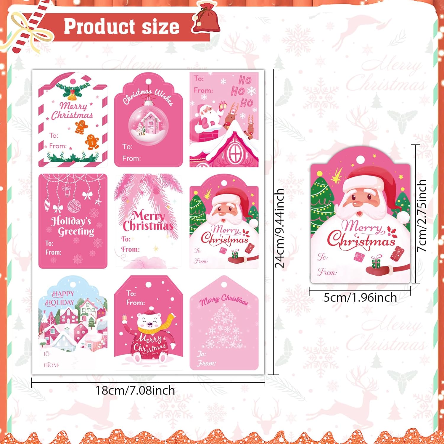 108 Pieces Pink Christmas Gift Tags Stickers,Cute Pink Style Holiday Self Adhesive Labels Paper,Xmas Name Tags Decals for Gift Boxes Wrapping Present Cards Xmas Party Favors Decorations - Image 2