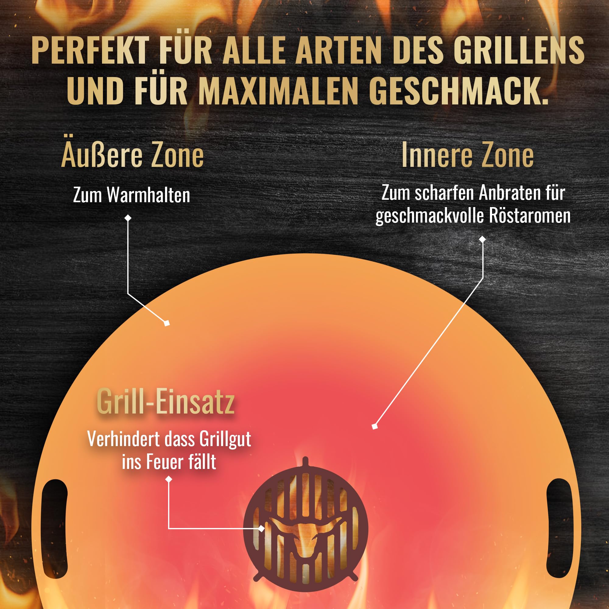 Feuerplatte für Kugelgrill Handgriffe 80 cm, 5 mm Stärke #02 – INKL. Grilleinsatz, Grillplatte für Feuertonne & Feuerschale, Massive Stahlplatte Plancha Grillring für BBQ & Teppanyaki