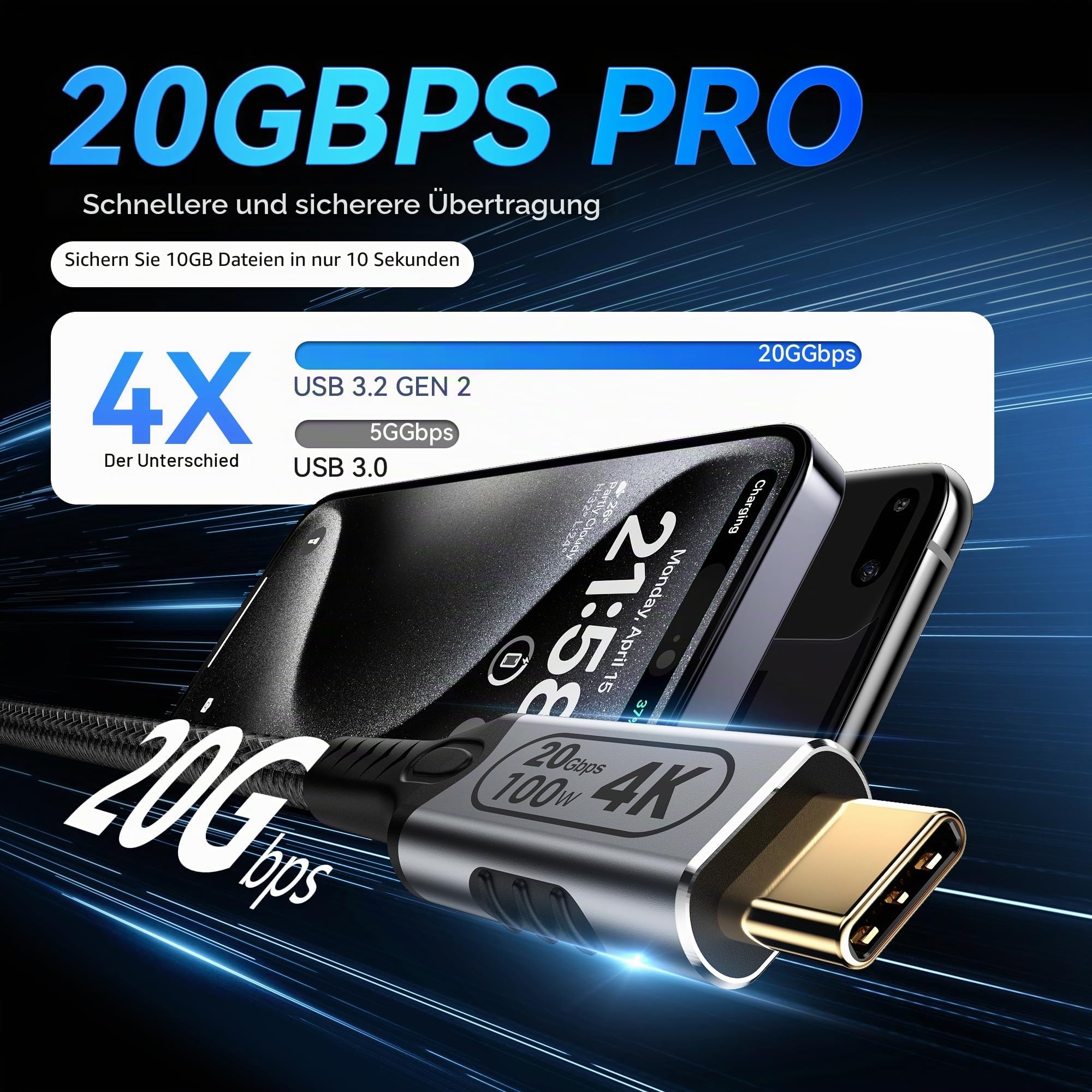Lang Ladekabel USB C Kabel 6M, USB C 3.2 Gen2 Schnellladekabel,20 Gbps Datenübertragung, 100W 20V/5A Ladekabel,4K @ 60Hz Videoübertragung für