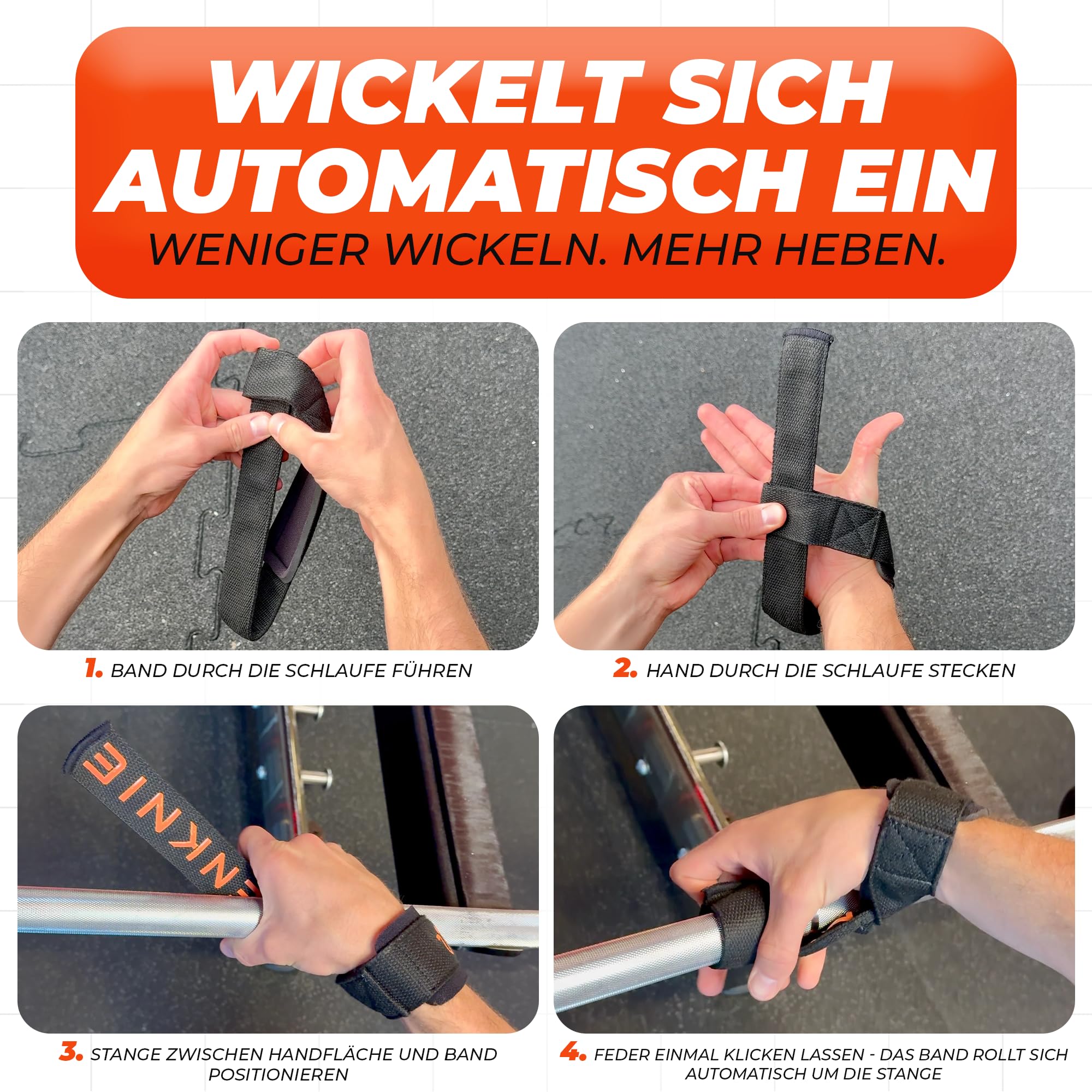 Sangles de traction avec enroulement automatique d'une main - Sangles de levage rembourrées pour la musculation, le bodybuilding, le fitness, les soulevés de terre - Pour homme et femme