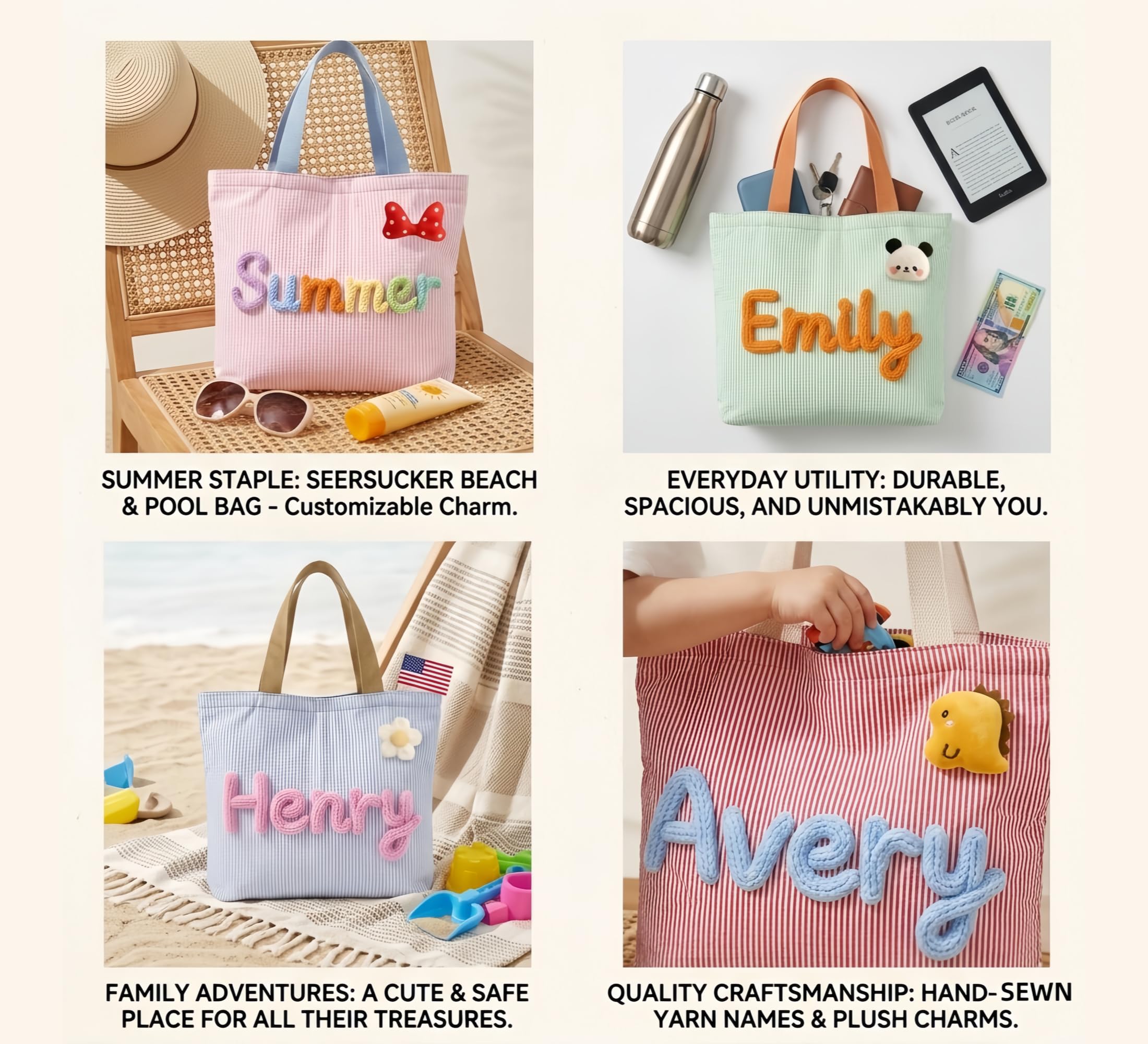 Personalized Striped Seersucker Tote Bag with Custom Embroidery