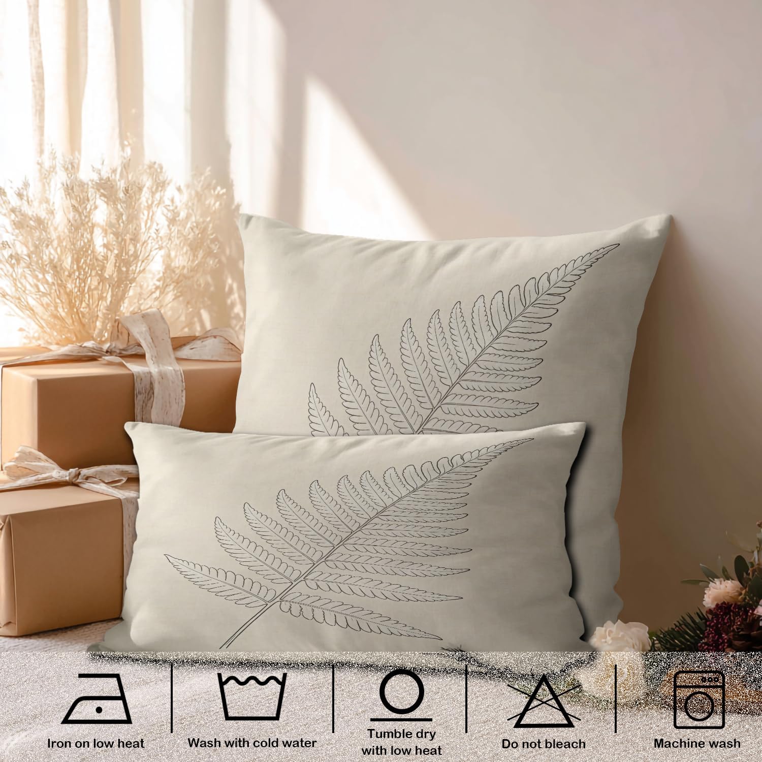 Fern Leaf Line Art Pillowcases, Single Fern Leaf Sketch Bed Pillow Cover Digital Blended Hidden Zipper for Hair Skin Lumbar 20X26 in 2 Pcs
