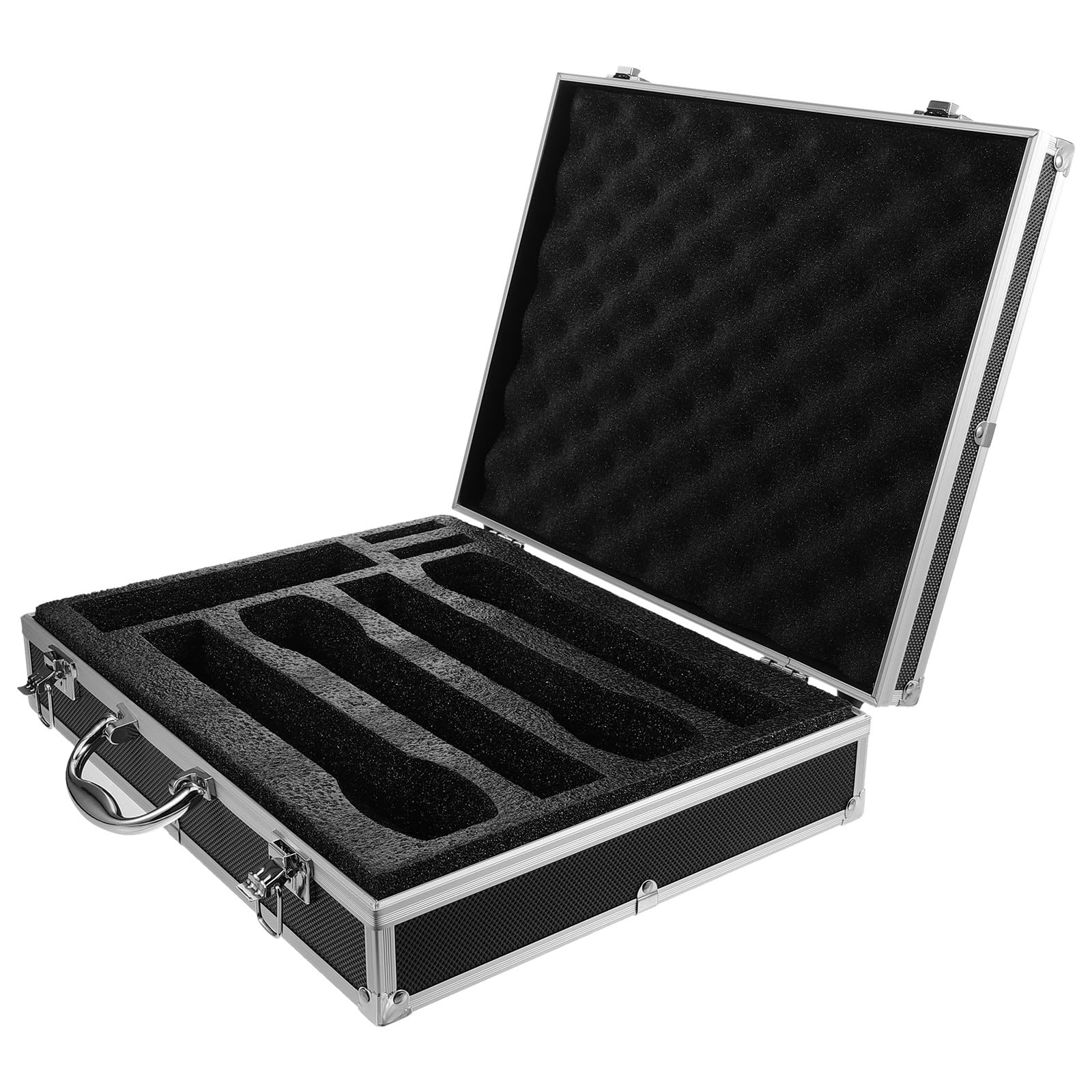 ibasenice Custodia Protettiva per Microfoni Cordless, Set da 4, Nero | Lega di Alluminio e Schiuma, Maniglia Integrata, per Viaggio, Include Cavi, Anelli in Silicone e Copri Spugna