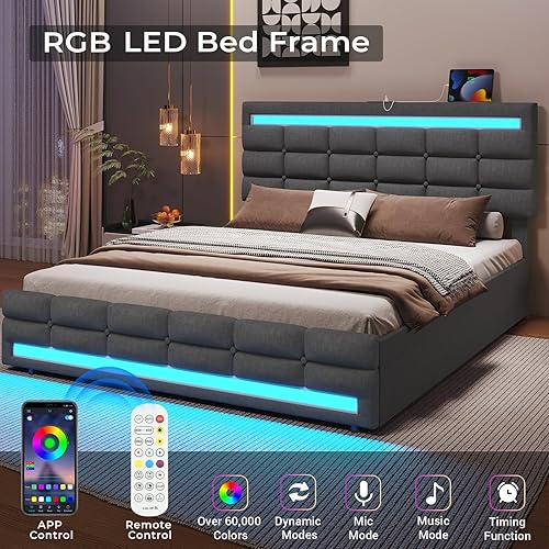 Miniatura 4 de ADORNEVE Marco de Cama LED Queen con 4 Cajones y 2 Estaciones de Carga USB, Marco de Cama con Plataforma Tapizada Tamaño Queen con Luces LED en Gris