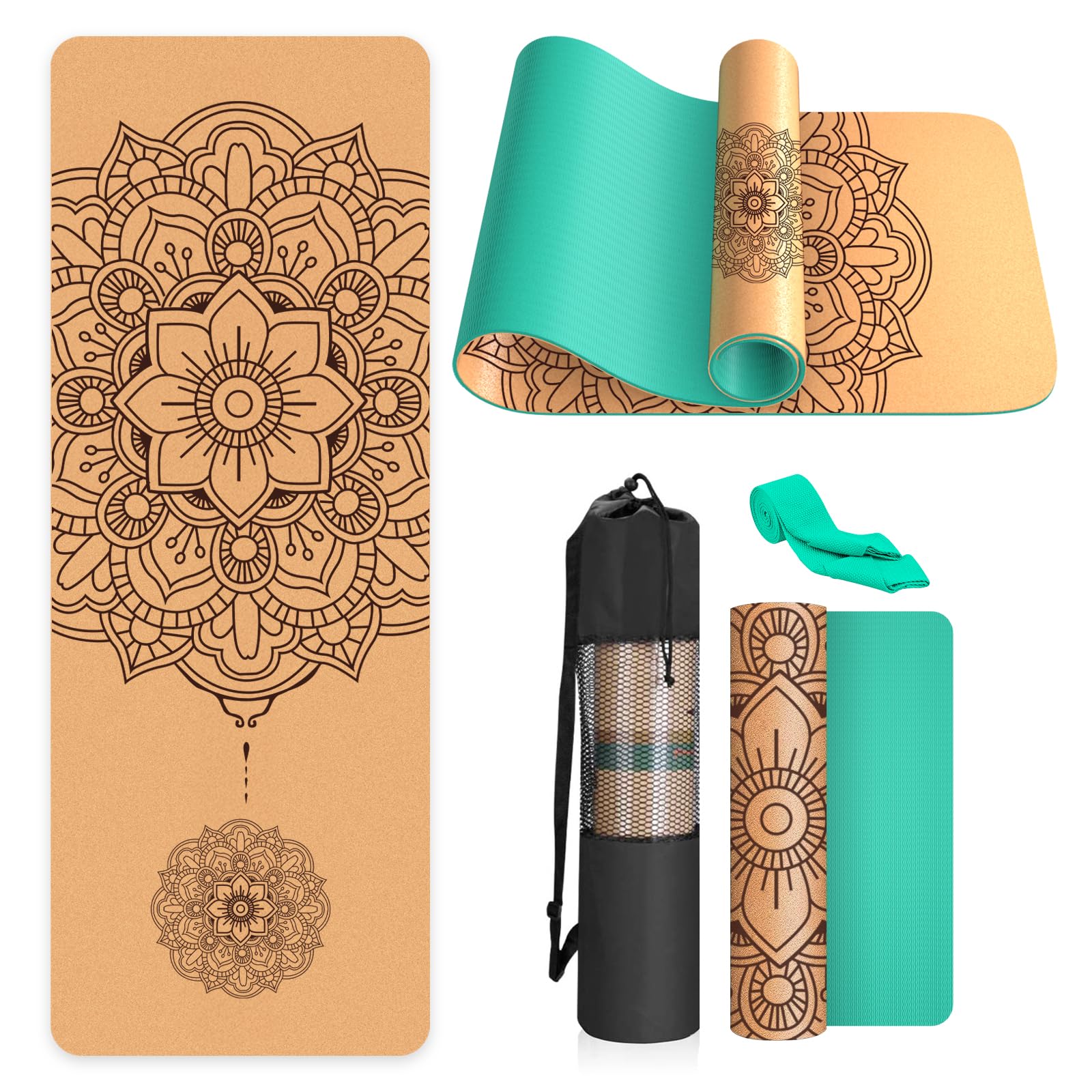 Kork-Yogamatte, rutschfest, einzigartiges Design, natürlicher Kork, TPE-Material, Fitness-Trainingsmatte mit Tragetasche und Gurt, für Zuhause, Pilates, Aerobic Fitnessstudio und Workout(Dunkelgrün-1