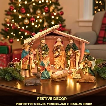10pcs Nativity Scene Set and Handmade Wooden Stable - Christmas Crib Manger Jesus Birth Hand Painted Resin Figurine Sculpture, Traditional Xmas Home Decorations