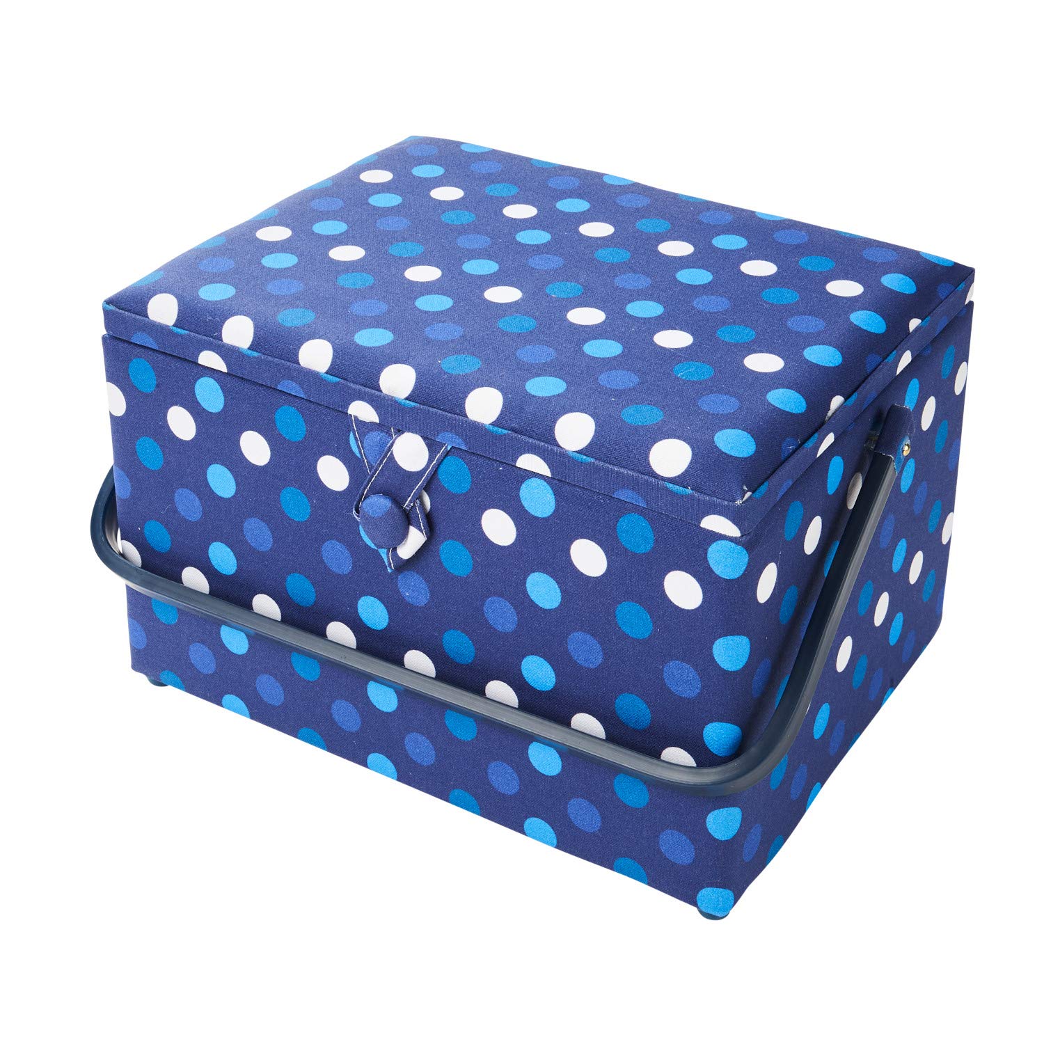 Sewing Online Duże pudełko do szycia, granatowe w kropki | 31 x 23 x 20 cm | Koszyk do przechowywania i organizowania z przegrodami na przybory do szycia, akcesoria, nici, igły i nożyczki - GA1123L