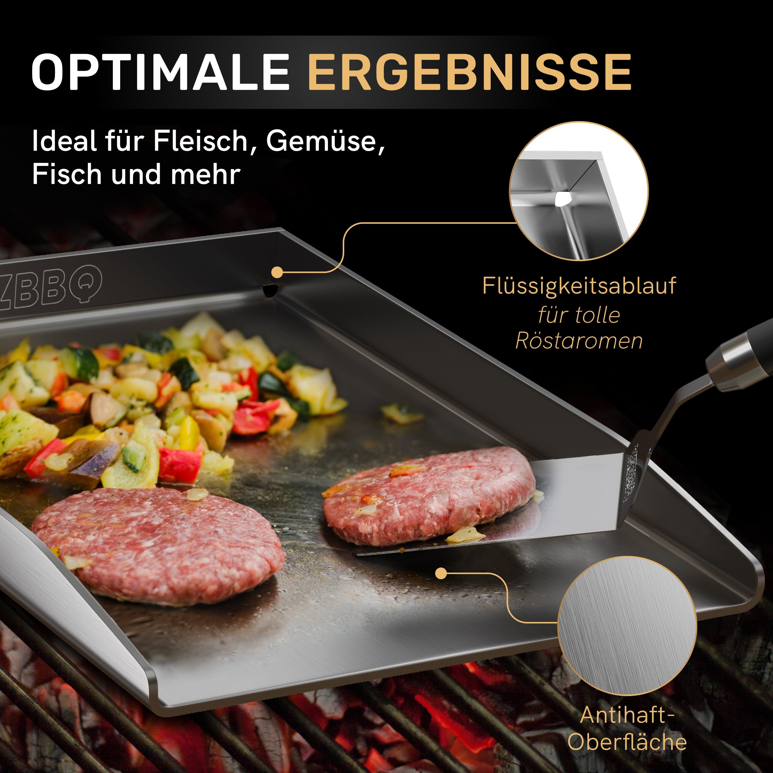 AMZBBQ® Premium Plancha Set - 40 x 30 cm - ca. 5 mm massiver Edelstahl - 20% stärker als herkömmliche Planchas - Grillplatte für Gas & Kohlegrill - Grillzubehör Geschenk für Männer inkl. Grillspachtel