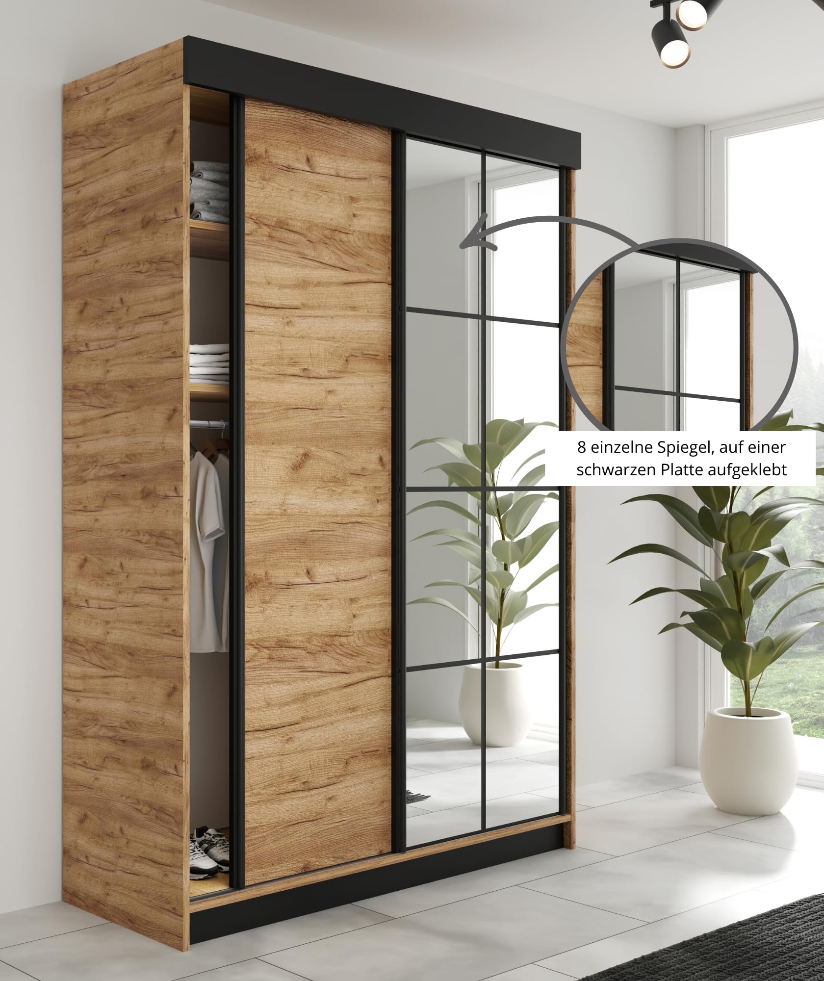 KIER FURNITURE Armoire 138x205x59 cm avec Miroir - LAMARO - Armoire de Rangement Dressing - Garde‑Robe Placard Penderie - Meuble de Rangement Vêtements - Chambre Adulte & Enfant - Noir & Old Style