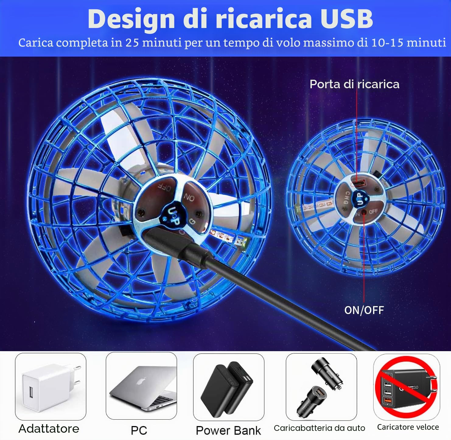 Palla Volante Magica UFO Ball, Fly Orb Pro Flying Spinner Mini Drone, Boomerang Ball Luminosa, Sfera Volante Hoverball Giocattolo Regalo per 6 7 8 9 10+ Ragazzo Ragazza Bambino Adolescente - Blu